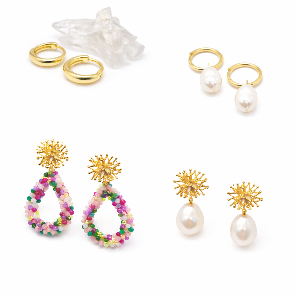 Ohrringe für alle Gelegenheiten Schmuckstücke: Ohrringe mit Blüten, Perle, Ring und Brosche. Eleganter, bunter Stil. Korallen Top und Facett Tropfen